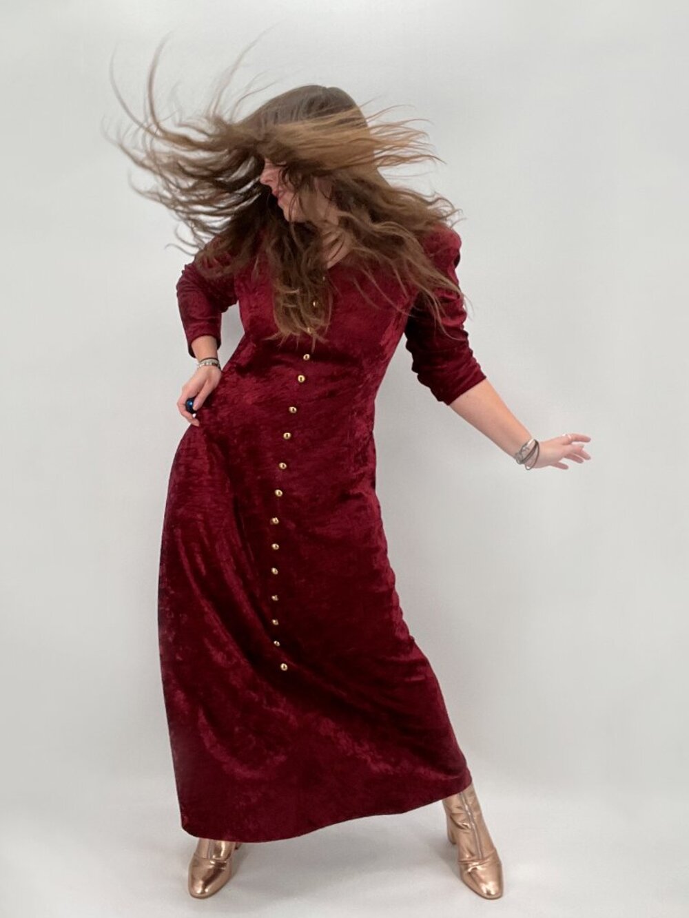 Vintage 90s Bentley Red Crushed Velvet Tie Back Long Sleeve Midi Dress M/L